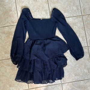 Blue Ruffled Tiered Cocktail Dress with Bishop Sleeves